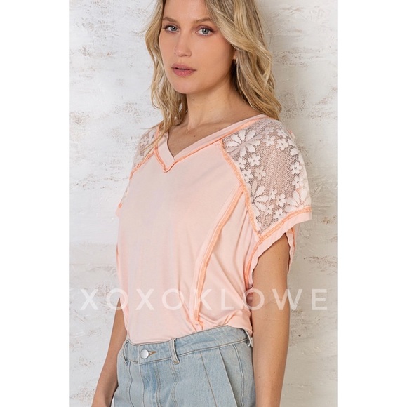 POL Pink Peach Rayon Jersey + Floral Lace Short Sleeve Top Oversized - Picture 6 of 16